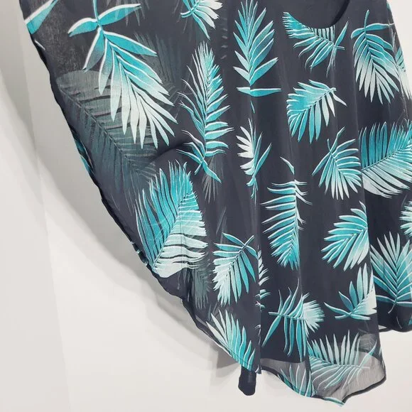 Women's Black Teal Leaf Print Cap Sleeves Tank Top Underneath Blouse Plus Size - Picture 4 of 8